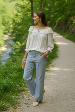 Load image into Gallery viewer, Cream - Berta 7/8 Twill Audrey Fit - Horizon Blue Milkboy colour front shot