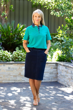 Load image into Gallery viewer, Equinox - Mid-Length Pull-On Denim Skirt - Indigo colour front shot