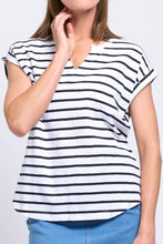 Load image into Gallery viewer, Foil - Roll Play Tee - Breton Stripe style front closed up shot