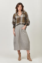 Load image into Gallery viewer, Naturals by O&J Linen Long Sleeve, Ruffle Collar Top Breen Plaid Color Front View