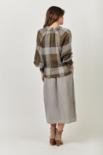 Load image into Gallery viewer, Naturals by O&J Linen Long Sleeve, Ruffle Collar Top Breen Plaid Color Back View