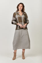Load image into Gallery viewer, Naturals by O&J Linen Long Sleeve, Ruffle Collar Top Breen Plaid Color Front View