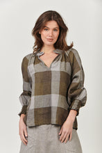 Load image into Gallery viewer, Naturals by O&J Linen Long Sleeve, Ruffle Collar Top Breen Plaid Color Front View