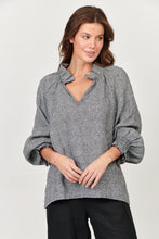 Load image into Gallery viewer, Naturals by O&J Linen Long Sleeve, Ruffle Collar Top Pepper Color Front View