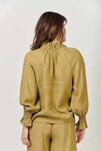 Load image into Gallery viewer, Naturals by O&J Linen Long Sleeve, Ruffle Collar Top Peridot Color Back View