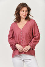 Load image into Gallery viewer, Naturals by O&J Linen Top - Long Sleeve/ V-Neckline with Ruffled Collar Front View
