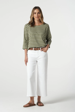 Load image into Gallery viewer, Goondiwindi Cotton - 3/4 Sleeve Cotton Stripe Tee - White/ Sage colour front shot