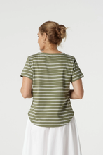 Load image into Gallery viewer, Goondiwindi Cotton - Cotton Crew Neck Striped Tee - White/ Sage colour back shot