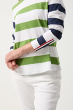 Load image into Gallery viewer, Goondiwindi Cotton - Cotton Long Sleeve Tee With Button Sleeve - White/ Leaf Green colour side closed up shot