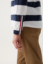 Load image into Gallery viewer, Goondiwindi Cotton - Cotton Long Sleeve Tee With Button Sleeve - White/ Parisian colour side closed up shot