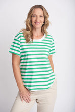 Load image into Gallery viewer, Goondiwindi Cotton - Crew Neck Striped Tee in Kelly Green/White colour front shot