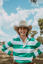 Load image into Gallery viewer, Goondiwindi Cotton - Relaxed Fit Stripe Cotton Rugby - White/ Leaf Green colour front shot