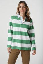 Load image into Gallery viewer, Goondiwindi Cotton - Relaxed Fit Stripe Cotton Rugby - White/ Leaf Green colour front shot