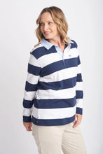 Load image into Gallery viewer, Goondiwindi Cotton - Relaxed Stripe Polo in Navy/White colour front side shot