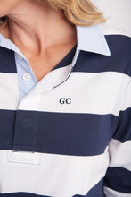 Load image into Gallery viewer, Goondiwindi Cotton - Relaxed Stripe Polo in Navy/White colour front closed up shot