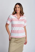 Load image into Gallery viewer, Goondiwindi Cotton - Stripe Polo in Tickle Pink/White colour front shot