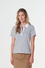 Load image into Gallery viewer, Goondiwindi Cotton - Sun Haze Stripe Polo - White/ Dark Navy colour front shot