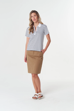 Load image into Gallery viewer, Goondiwindi Cotton - Sun Haze Stripe Polo - White/ Dark Navy colour front shot