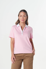Load image into Gallery viewer, Goondiwindi Cotton - Sun Haze Stripe Polo - White/ Fairytail colour front shot