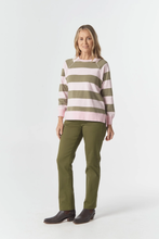Load image into Gallery viewer, Goondiwindi Cotton - The Old Favourite Cotton Sweater - Pink A Boo/Sage colour front shot
