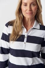 Load image into Gallery viewer, Goondiwindi Cotton - Travel Cotton Jersey Polo - Dark Navy/ White colour front shot