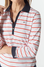 Load image into Gallery viewer, Goondiwindi Cotton - Travel Cotton Jersey Polo - White/ Poinsettia colour front closed up shot