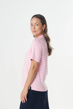 Load image into Gallery viewer, Goondiwindi Cotton - Zip Stripe Polo - White/ Fairytail colour side shot