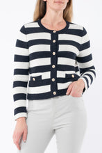 Load image into Gallery viewer, Jump - Stripe Jacket Cardi - Navy / Ivory round neck, drop shoulders, and a button-down front
