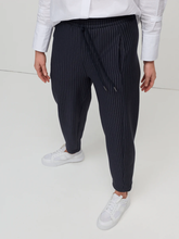 Load image into Gallery viewer, Marco Polo - Pinstripe Ponte Barrel Leg Pant - Navy colour side shot