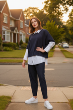 Load image into Gallery viewer, Marco Polo - Pinstripe Ponte Barrel Leg Pant - Navy colour side shot