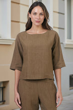 Load image into Gallery viewer, Naturals by O&J 3/4 Sleeves Linen Top Tobacco colour front shot