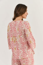 Load image into Gallery viewer, Naturals by O&J Mid Sleeve Linen Top Ikat colour back shot