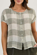 Load image into Gallery viewer, Naturals by O&J Short Sleeve Button Up Shirt Khaki Terrazzo colour front closed up shot