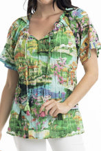 Load image into Gallery viewer, Orientique Bellagio Frill Neckline Top Printed colour front closed up shot