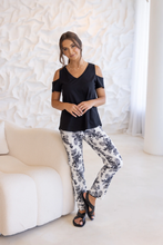 Load image into Gallery viewer, Two-T's - 7/8 Leaf Print Pull On Pant in Black/White colour front shot