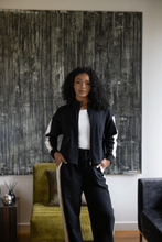 Load image into Gallery viewer, Two-T's - Dropped Shoulder Jacket - Black With Oat Ivory Stripe colour front shot