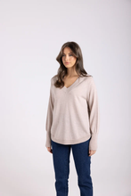 Load image into Gallery viewer, Two-T's - Merino V Neck Crew Knit With Scoop Hem - Latte colour side shot