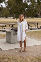 Load image into Gallery viewer, Two-T's - Multi Stripe Linen Shirt Dress Multi colored front shot