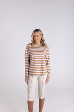 Load image into Gallery viewer, Two-T's - Stripe Boat Neck 7/8 Sleeve - Sand/ White colour front shot
