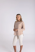 Load image into Gallery viewer, Two-T's - Stripe Boat Neck 7/8 Sleeve - Sand/ White colour side shot