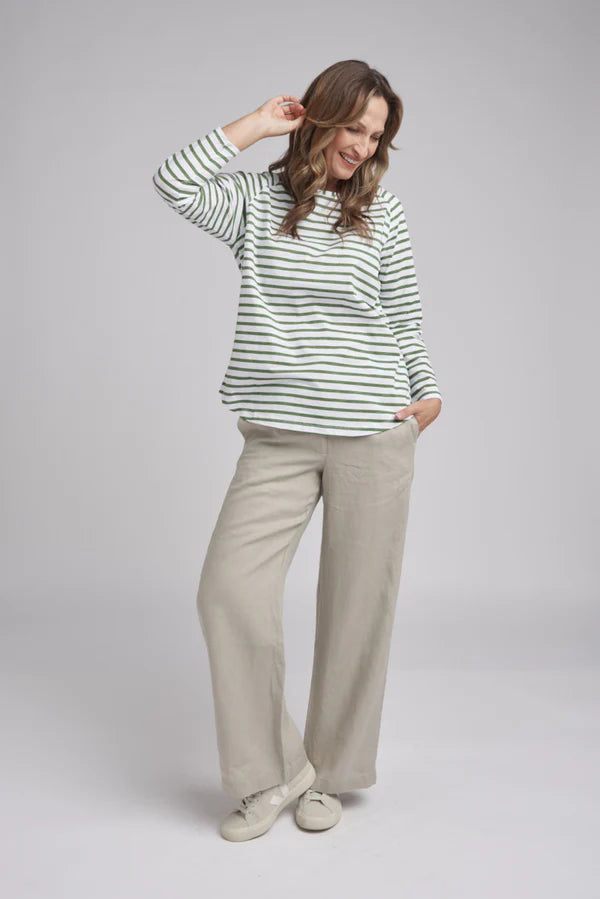 Goondiwindi Cotton - Stripe Long Sleeve Tee - White/Fern Green Color Front View