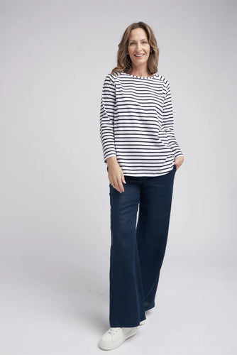 Goondiwindi Cotton - Stripe Long Sleeve Tee - White/Navy Color Front View
