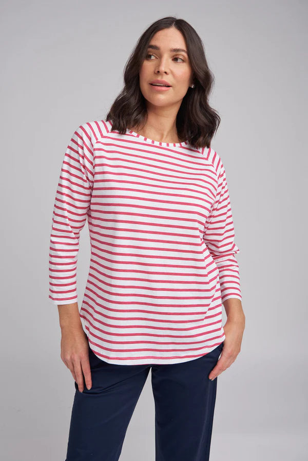 Goondiwindi Cotton - Stripe Long Sleeve Tee - White/Pink Color Front View
