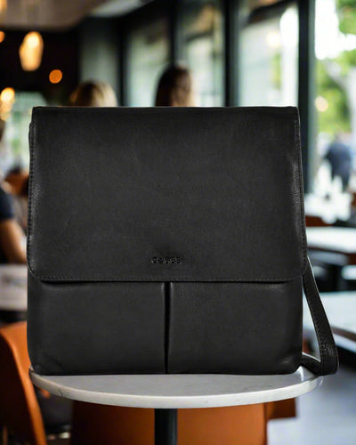 Ava Leather Flap Over Crossbody Bag in Black colour front