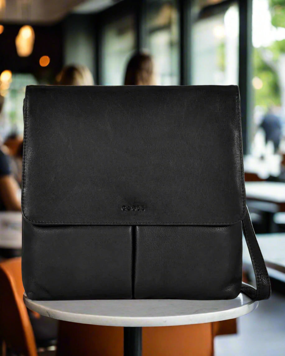 Ava Leather Flap Over Crossbody Bag in Black colour front