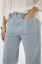 Load image into Gallery viewer, Cream - Berta 7/8 Twill Audrey Fit - Horizon Blue Milkboy colour side closed up shot
