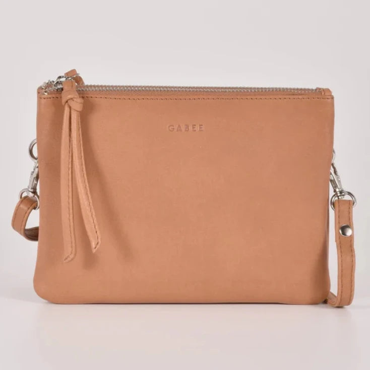 Fulton Soft Leather Double Pouch Crossbody Bag in Camel colour
