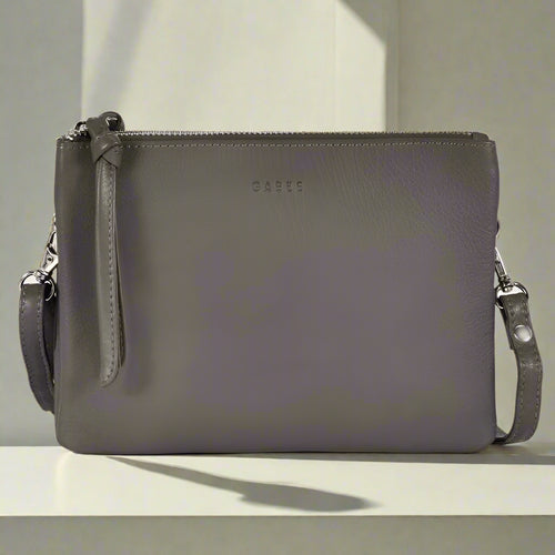 Fulton Soft Leather Double Pouch Crossbody Bag in Grey colour
