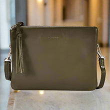 Load image into Gallery viewer, Fulton Soft Leather Double Pouch Crossbody Bag in Olive colour

