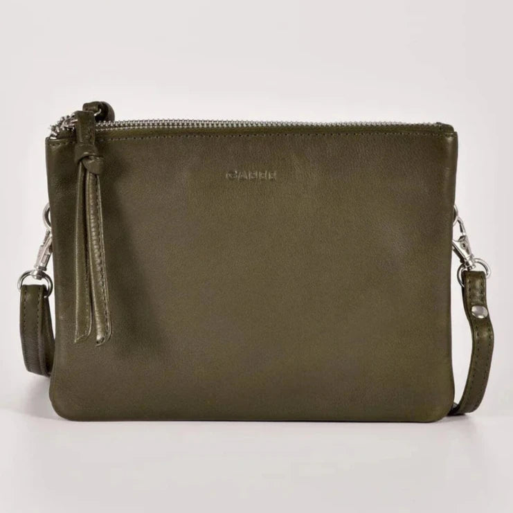 Fulton Soft Leather Double Pouch Crossbody Bag in Olive colour